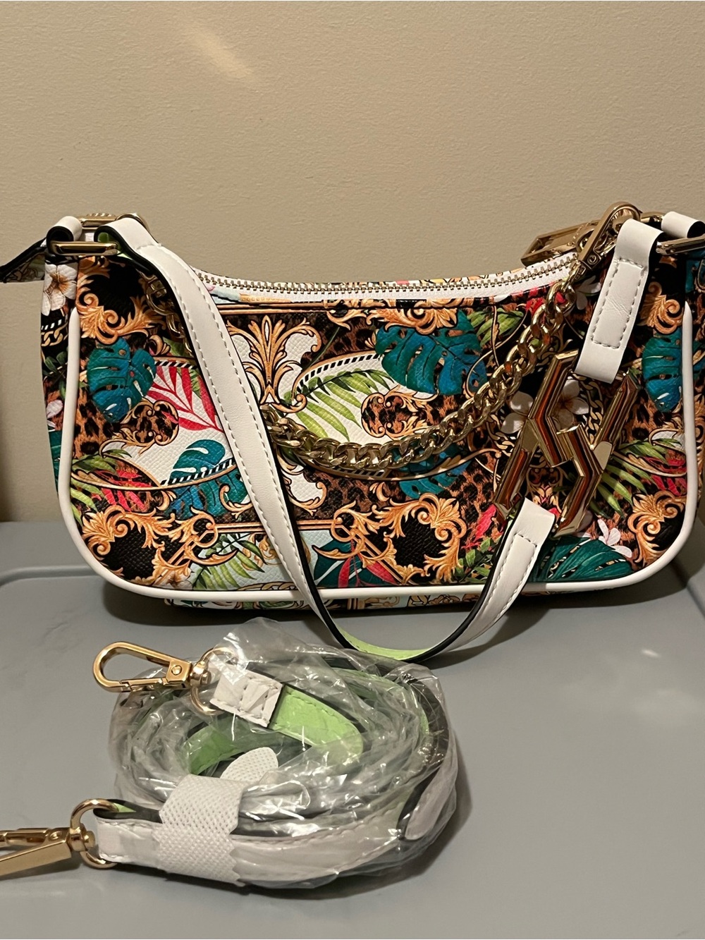 ALDO Catena Multicolor Floral Small Shoulder Bag Zip Chain Detachable Strap